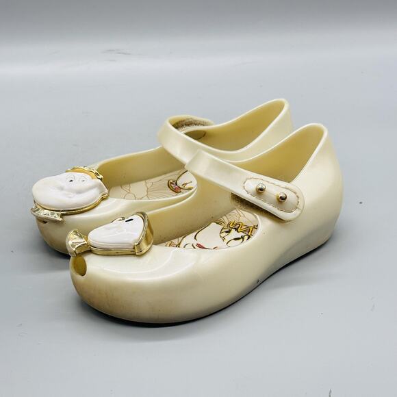 Mini Melissa Shoes Girls 8 White Mary Jane Beauty & Beast Mrs Potts Chip Flats - Picture 4 of 11